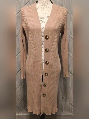 Ava & Viv XXL Tan Ribbed Longline Duster Cardigan Tortoise Buttons Plus Size